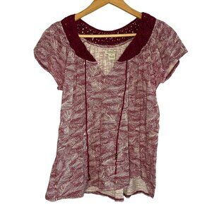 Lucky Brand Maroon Crochet Feather Print Short Sleeve Top